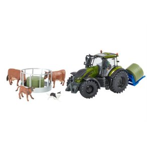 Valtra T254 Olive Green Metallic Playset (inkl. hhk, 2 ker, kalv, hund, ballelfter og 2 rundballer) - 1:32 - Britains