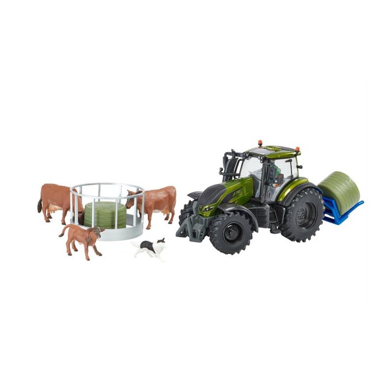 Valtra T254 Olive Green Metallic Playset (inkl. hhk, 2 ker, kalv, hund, ballelfter og 2 rundballer) - 1:32 - Britains