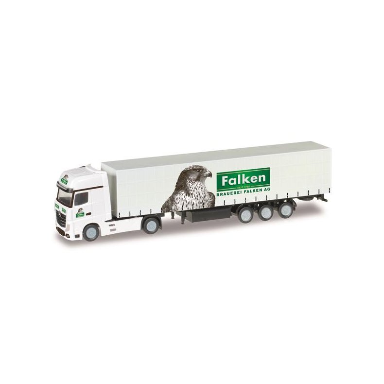 Mercedes-Benz Actros LH curtain canvas semitrailer "Brauerei Falken" (CH) - 1:160 / N - Herpa