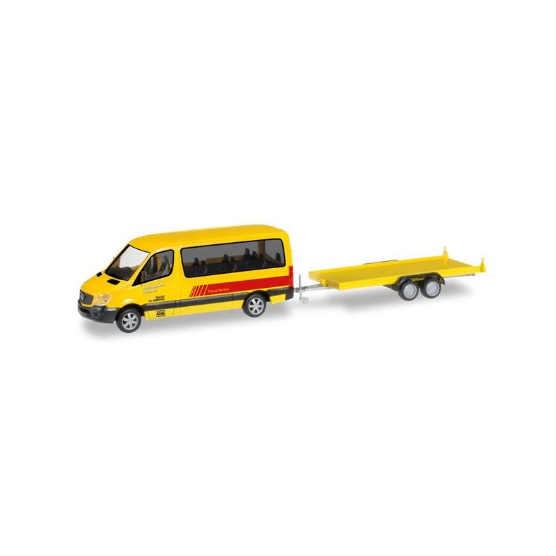 Mercedes-Benz Sprinter Bus with car trailer "ADAC R&uuml;ckholdienst" - 1:87 / H0 - Herpa