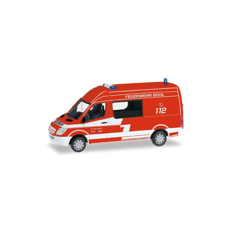 Mercedes-Benz Sprinter semi-bus, luminous red "Feuerwehr B&uuml;hl" - 1:87 / H0 - Herpa