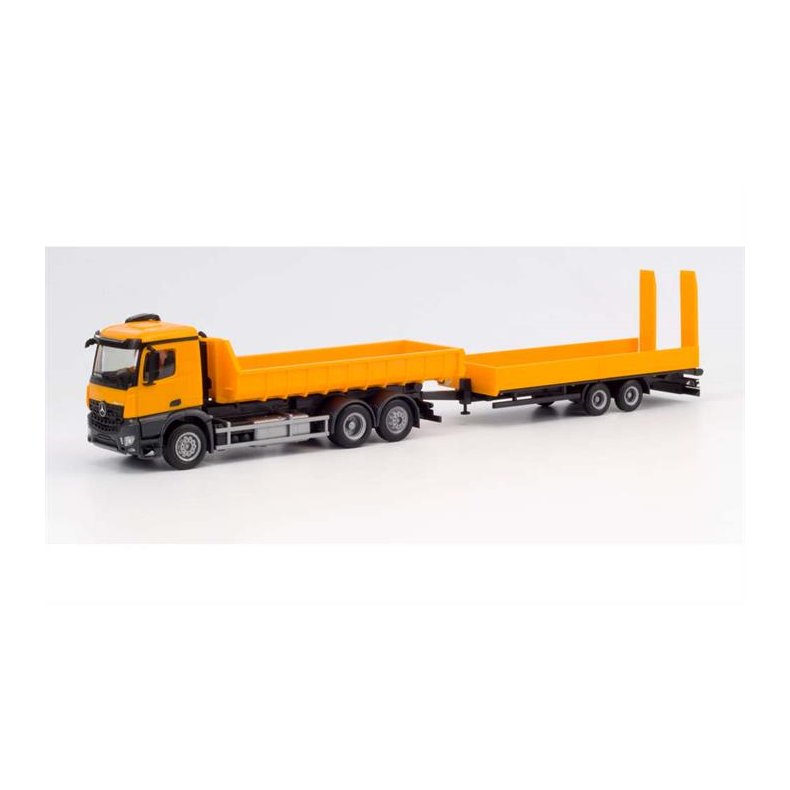 Mercedes-Benz Arocs M roll off truck with deep loading trailer with ramps, communal orange - 1:87 / H0 - Herpa