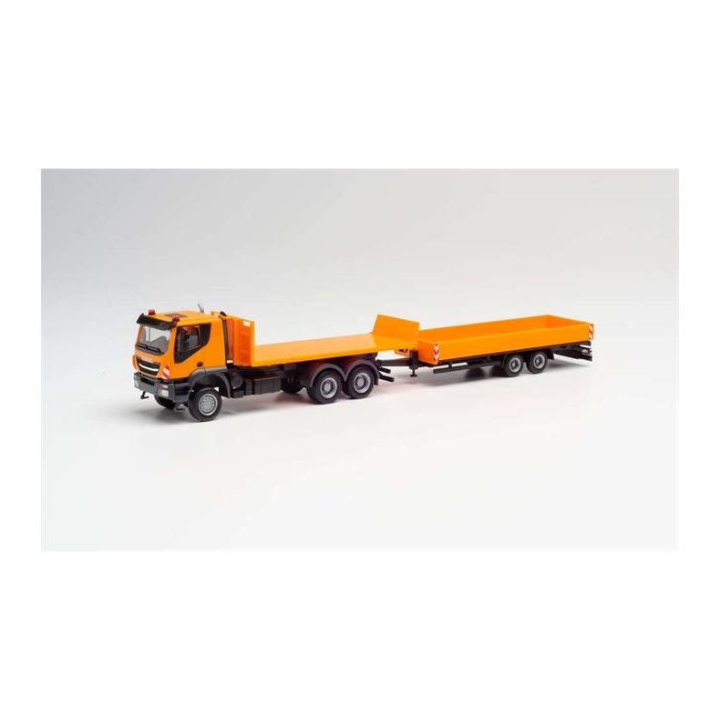 Iveco Trakker 6&times;6 roll-off flatbed truck with low-boy trailer, communal orange - 1:87 / H0 - Herpa